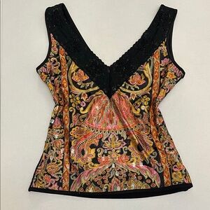 90’S VINTAGE LINDA SEGAL PINK AND BLACK PAISLEY BLINGY SLEEVELESS TOP SMALL